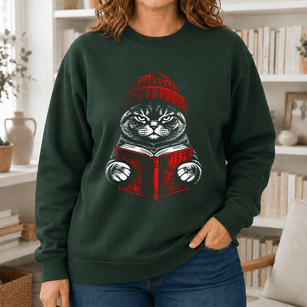 British Shorthair Cat Reading Printed Sweatshirt | Cat Lover Reader Gift Forest Green