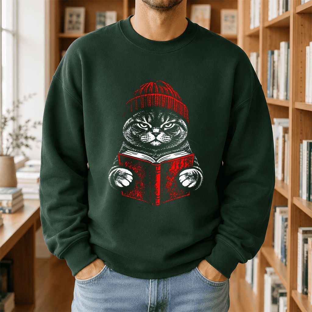 British Shorthair Cat Reading Printed Sweatshirt | Cat Lover Reader Gift Forest Green