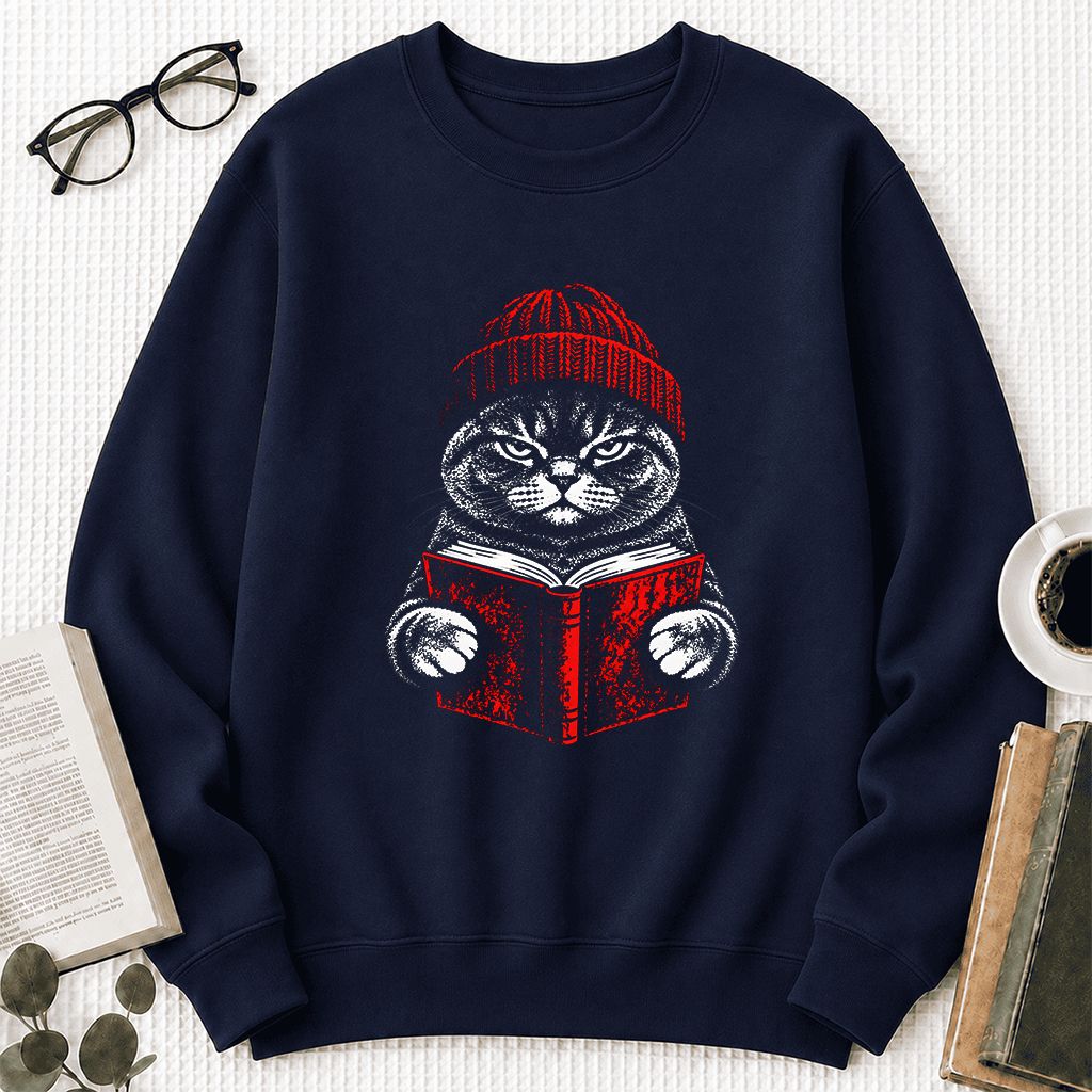 British Shorthair Cat Reading Printed Sweatshirt | Cat Lover Reader Gift Navy