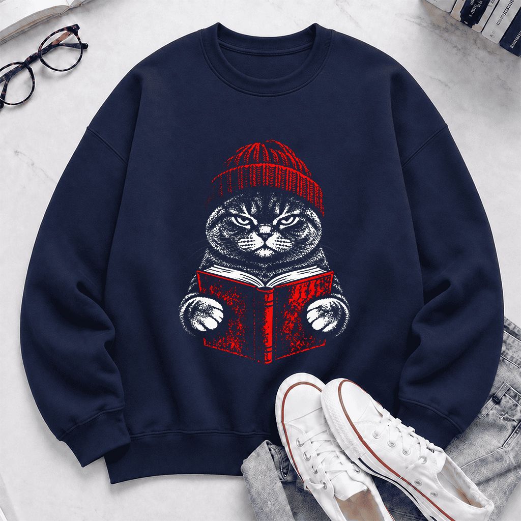 British Shorthair Cat Reading Printed Sweatshirt | Cat Lover Reader Gift Navy