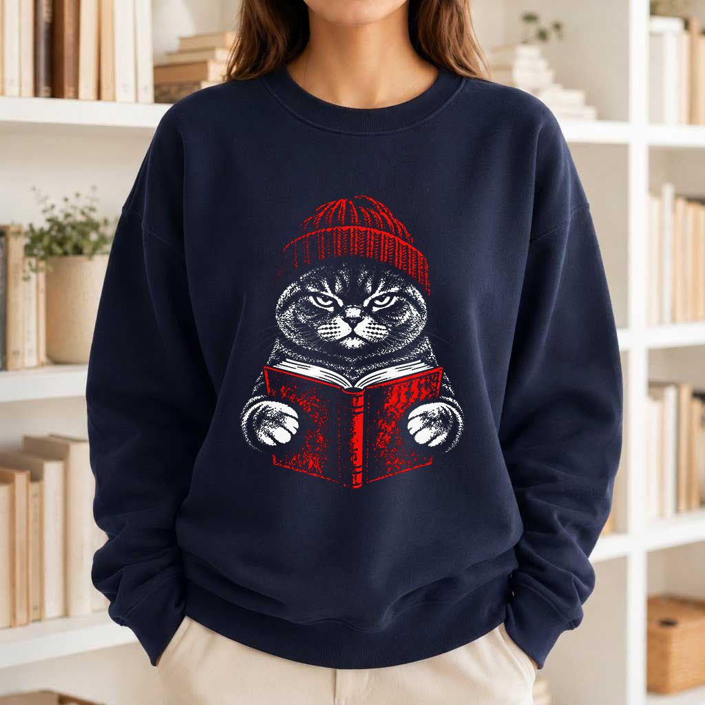 British Shorthair Cat Reading Printed Sweatshirt | Cat Lover Reader Gift Navy