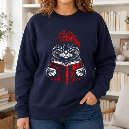 British Shorthair Cat Reading Printed Sweatshirt | Cat Lover Reader Gift Navy