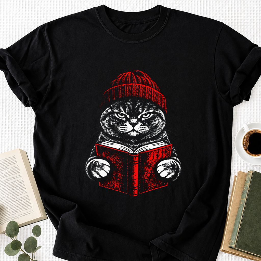 British Shorthair Cat Reading Printed T-Shirt | Cat Lover Reader Gift Black