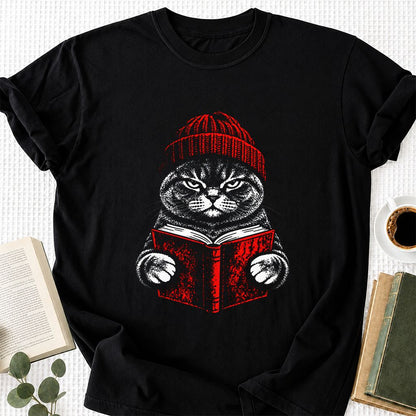 British Shorthair Cat Reading Printed T-Shirt | Cat Lover Reader Gift Black