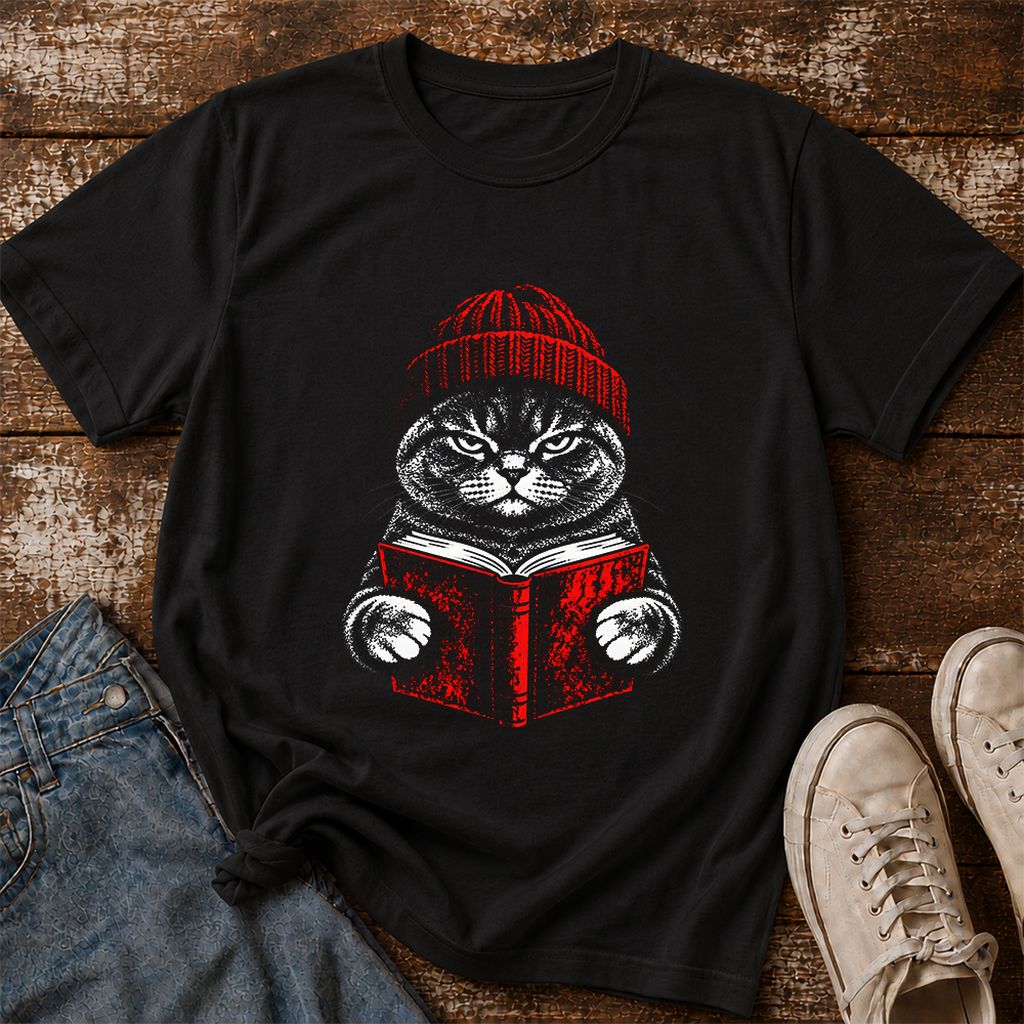 British Shorthair Cat Reading Printed T-Shirt | Cat Lover Reader Gift Black