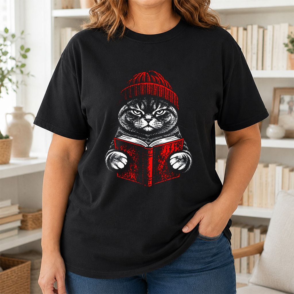 British Shorthair Cat Reading Printed T-Shirt | Cat Lover Reader Gift Black
