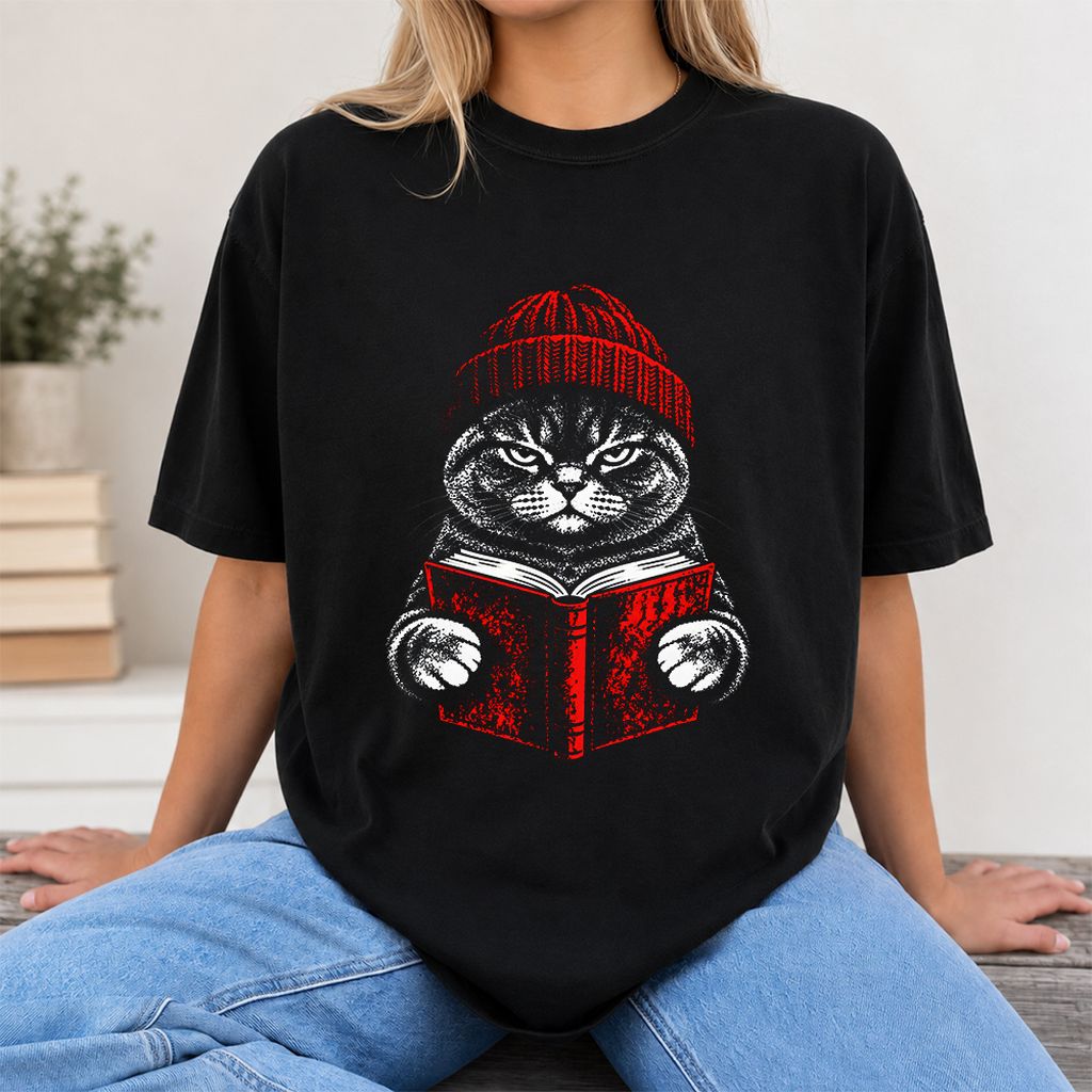 British Shorthair Cat Reading Printed T-Shirt | Cat Lover Reader Gift Black