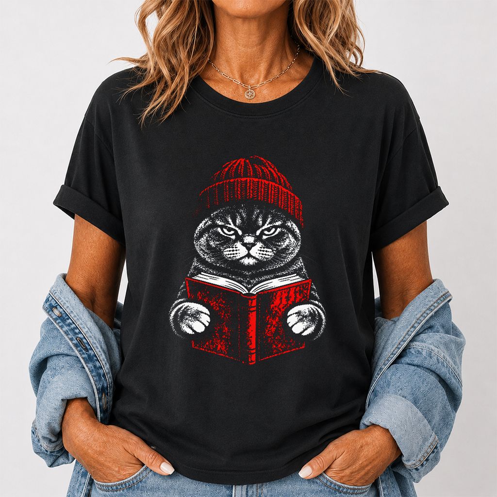 British Shorthair Cat Reading Printed T-Shirt | Cat Lover Reader Gift Black
