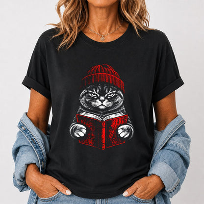 British Shorthair Cat Reading Printed T-Shirt | Cat Lover Reader Gift Black