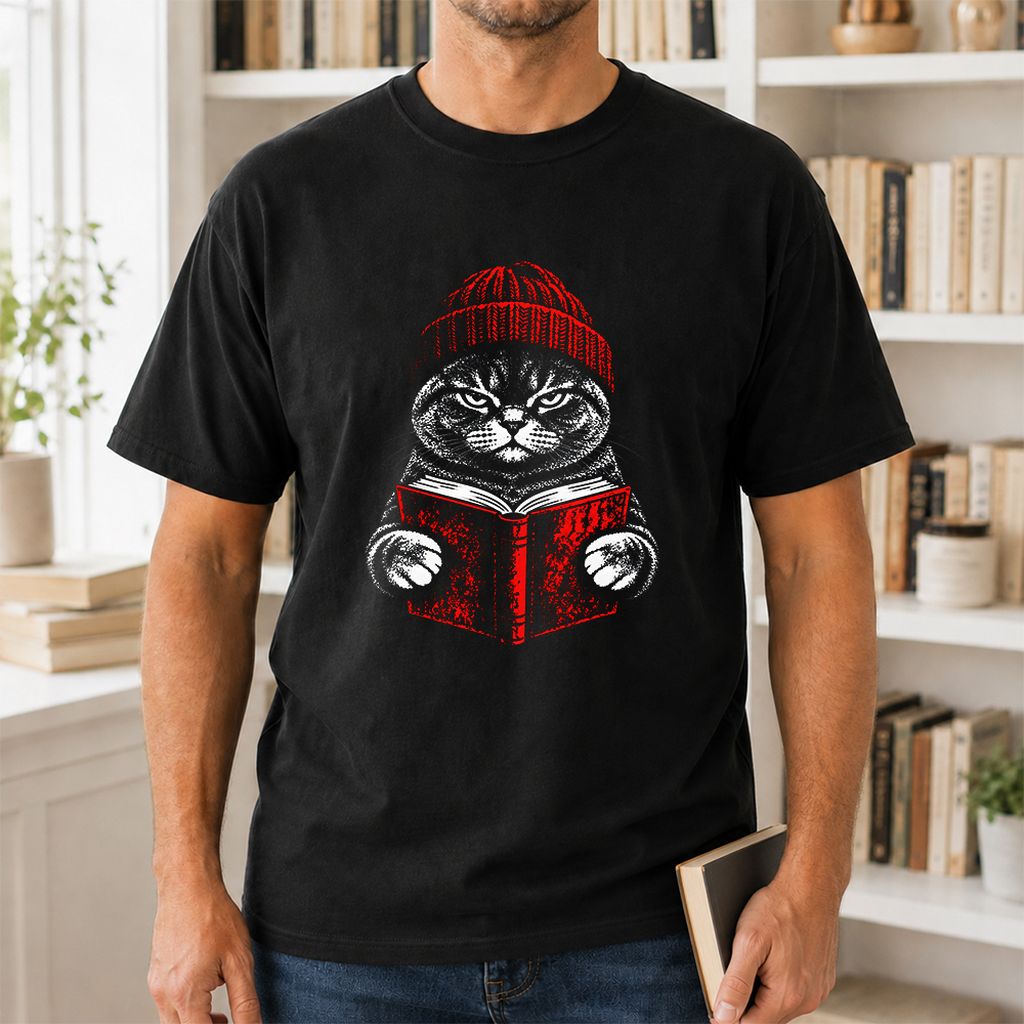 British Shorthair Cat Reading Printed T-Shirt | Cat Lover Reader Gift Black