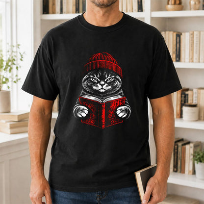 British Shorthair Cat Reading Printed T-Shirt | Cat Lover Reader Gift Black