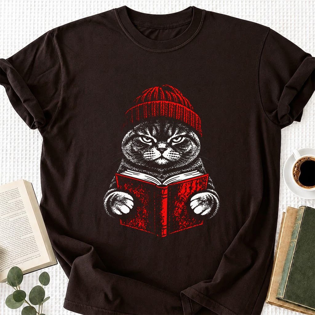 British Shorthair Cat Reading Printed T-Shirt | Cat Lover Reader Gift Dark Chocolate