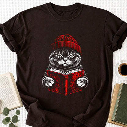 British Shorthair Cat Reading Printed T-Shirt | Cat Lover Reader Gift Dark Chocolate