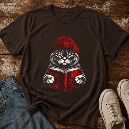 British Shorthair Cat Reading Printed T-Shirt | Cat Lover Reader Gift Dark Chocolate