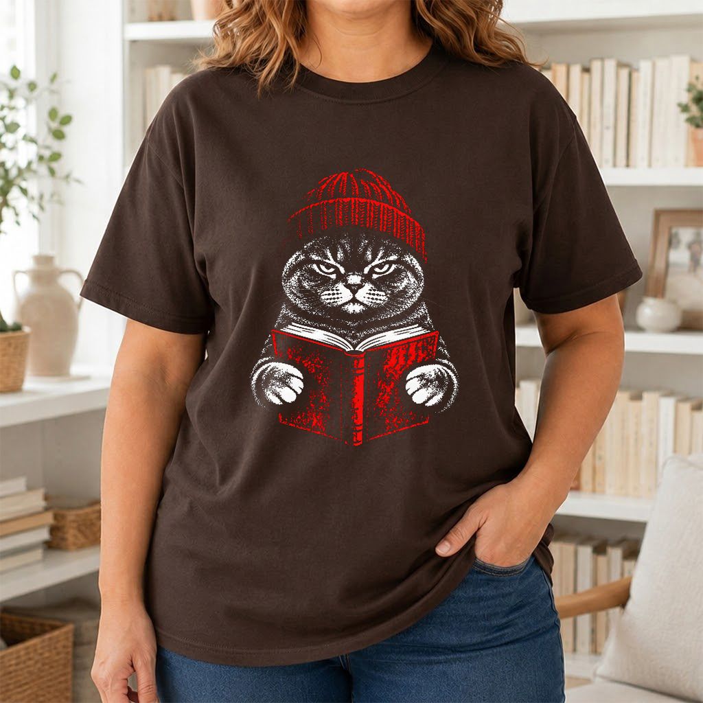 British Shorthair Cat Reading Printed T-Shirt | Cat Lover Reader Gift Dark Chocolate