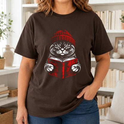 British Shorthair Cat Reading Printed T-Shirt | Cat Lover Reader Gift Dark Chocolate
