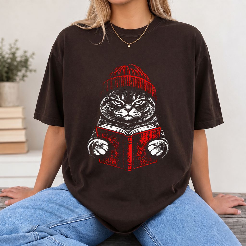 British Shorthair Cat Reading Printed T-Shirt | Cat Lover Reader Gift Dark Chocolate