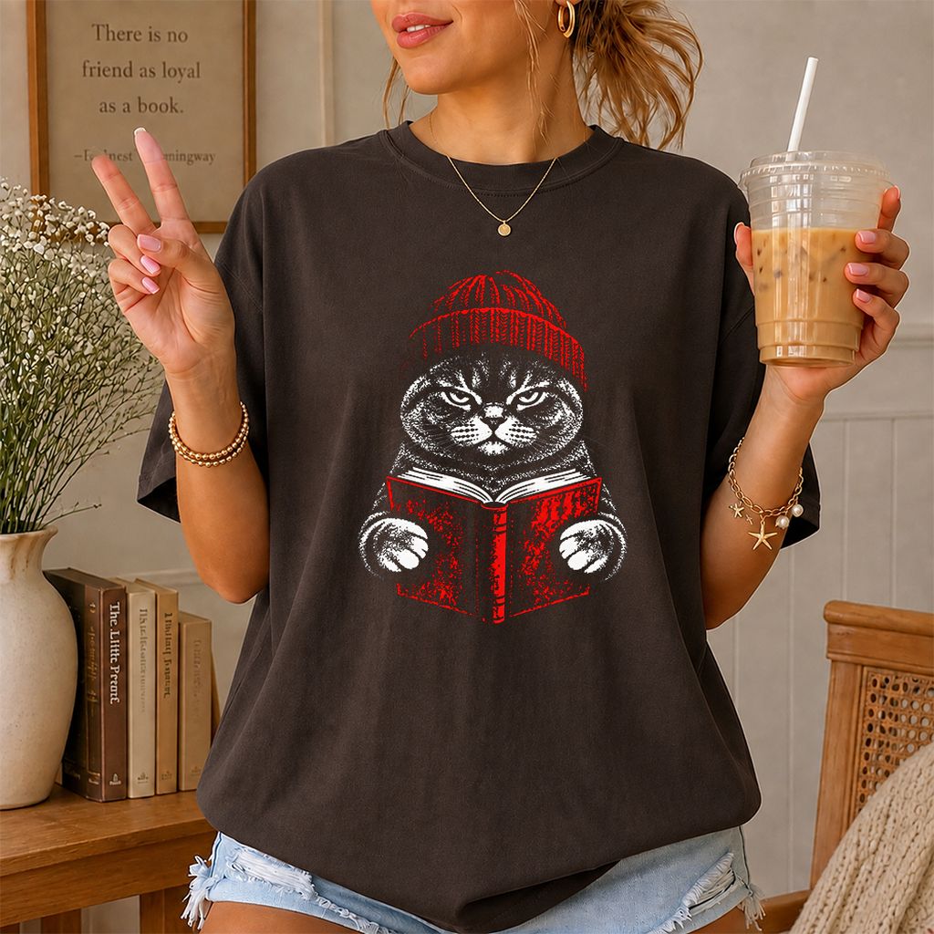 British Shorthair Cat Reading Printed T-Shirt | Cat Lover Reader Gift Dark Chocolate