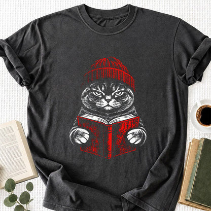 British Shorthair Cat Reading Printed T-Shirt | Cat Lover Reader Gift Dark Heather