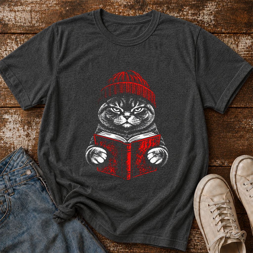 British Shorthair Cat Reading Printed T-Shirt | Cat Lover Reader Gift Dark Heather