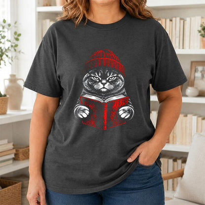 British Shorthair Cat Reading Printed T-Shirt | Cat Lover Reader Gift Dark Heather