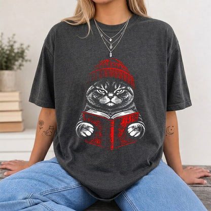 British Shorthair Cat Reading Printed T-Shirt | Cat Lover Reader Gift Dark Heather