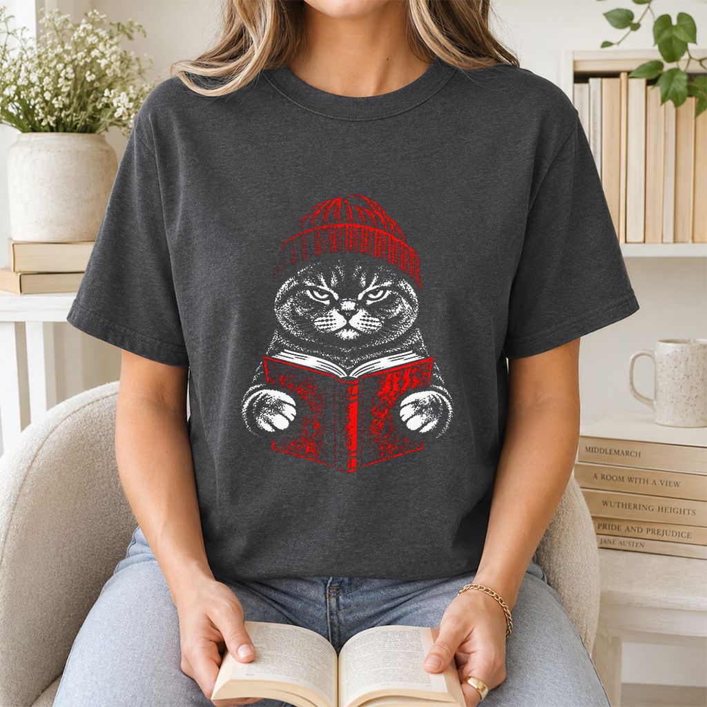 British Shorthair Cat Reading Printed T-Shirt | Cat Lover Reader Gift Dark Heather