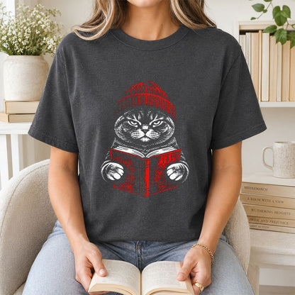 British Shorthair Cat Reading Printed T-Shirt | Cat Lover Reader Gift Dark Heather