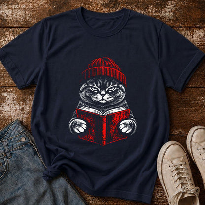 British Shorthair Cat Reading Printed T-Shirt | Cat Lover Reader Gift Navy
