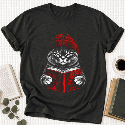 Serious British Shorthair Cat Reading Ultra-Soft Cotton T-Shirt | Reader Gift Black Heather