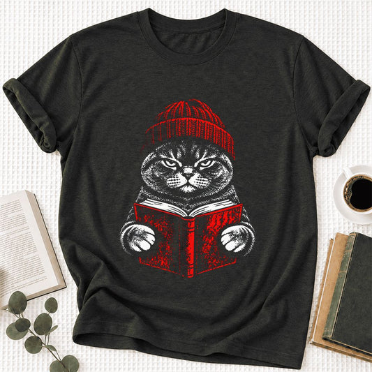 Serious British Shorthair Cat Reading Ultra-Soft Cotton T-Shirt | Reader Gift Black Heather