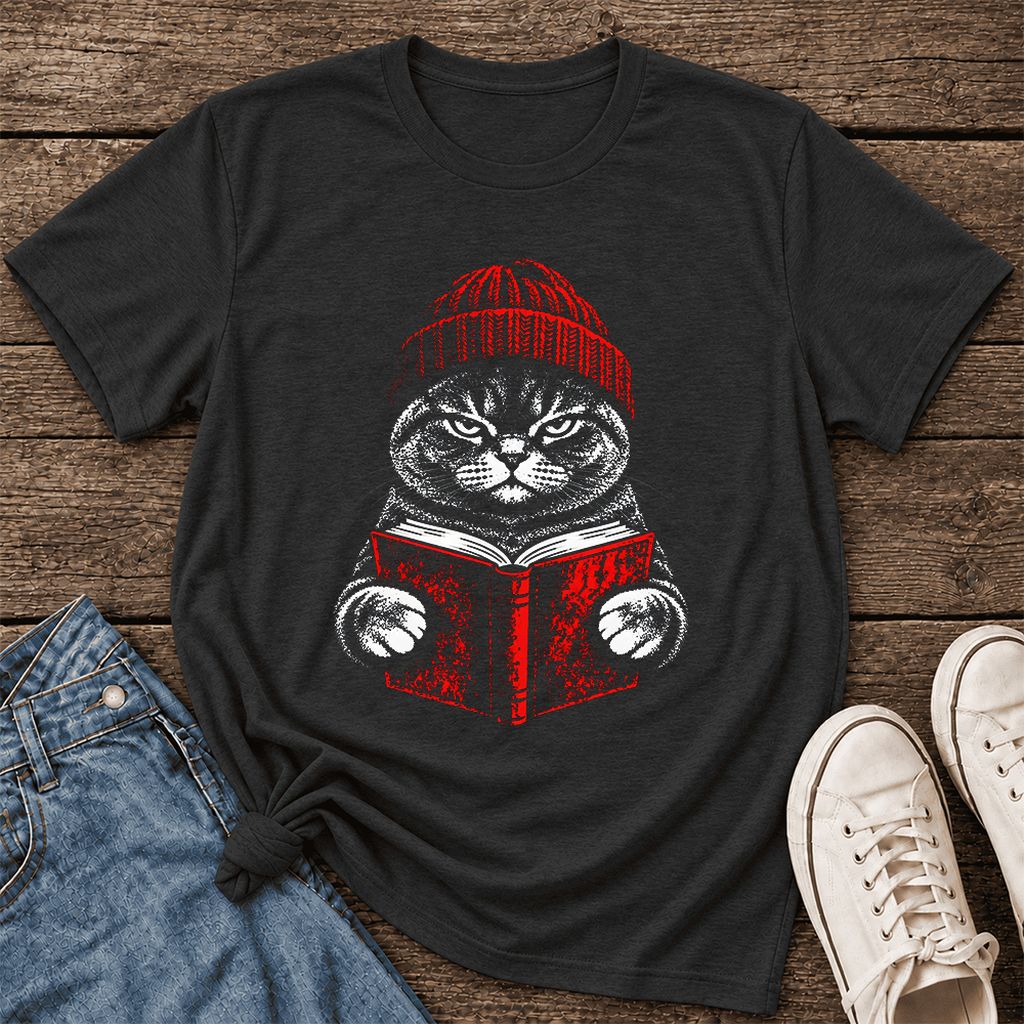 Serious British Shorthair Cat Reading Ultra-Soft Cotton T-Shirt | Reader Gift Black Heather
