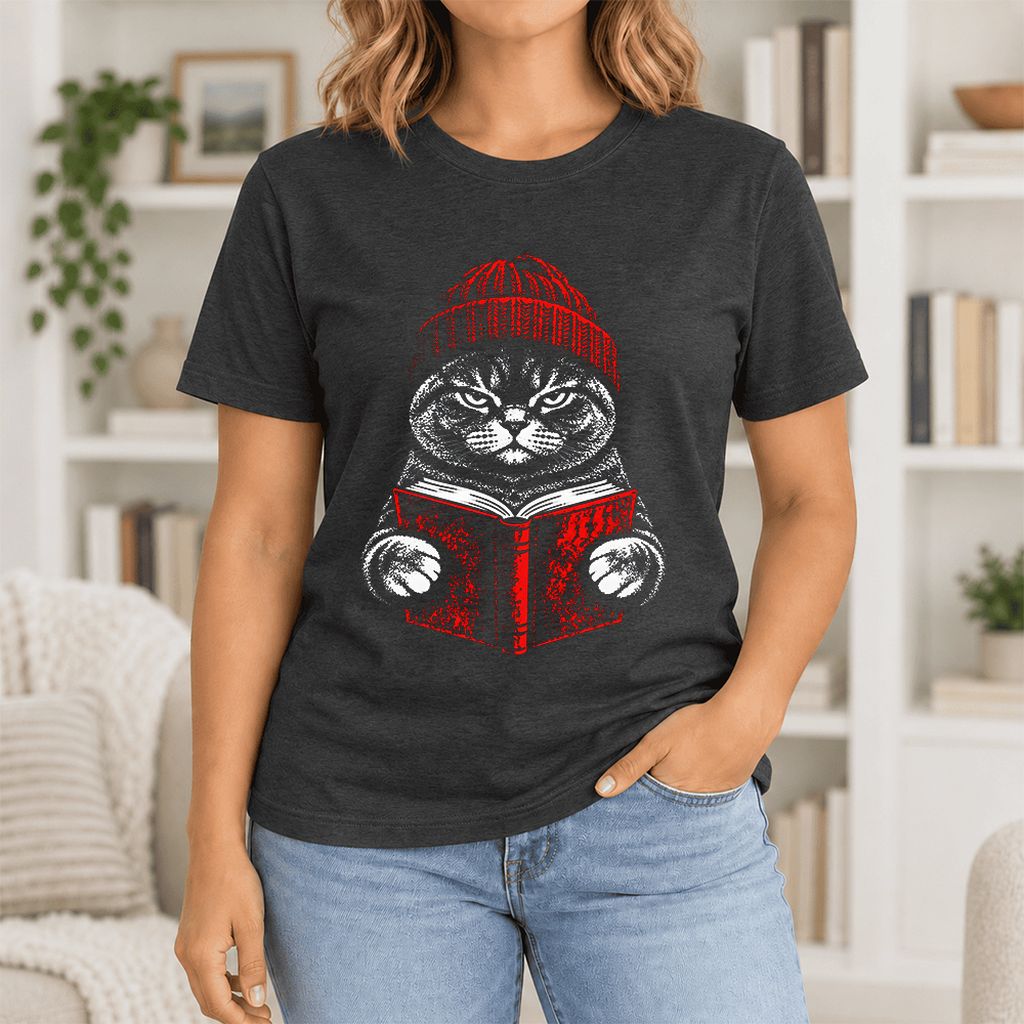 Serious British Shorthair Cat Reading Ultra-Soft Cotton T-Shirt | Reader Gift Black Heather