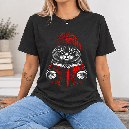 Serious British Shorthair Cat Reading Ultra-Soft Cotton T-Shirt | Reader Gift Black Heather