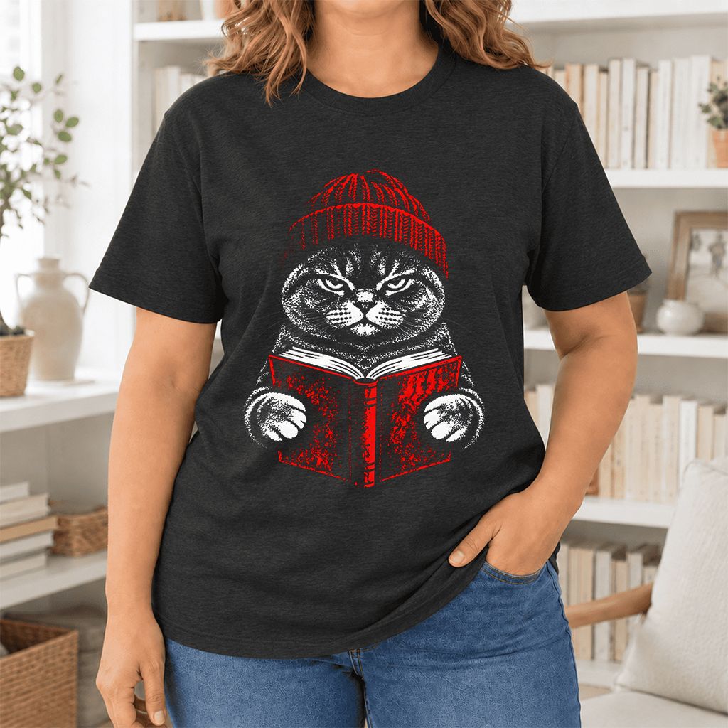 Serious British Shorthair Cat Reading Ultra-Soft Cotton T-Shirt | Reader Gift Black Heather