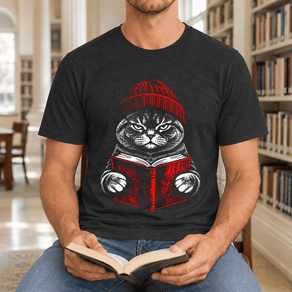 Serious British Shorthair Cat Reading Ultra-Soft Cotton T-Shirt | Reader Gift Black Heather
