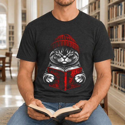 Serious British Shorthair Cat Reading Ultra-Soft Cotton T-Shirt | Reader Gift Black Heather
