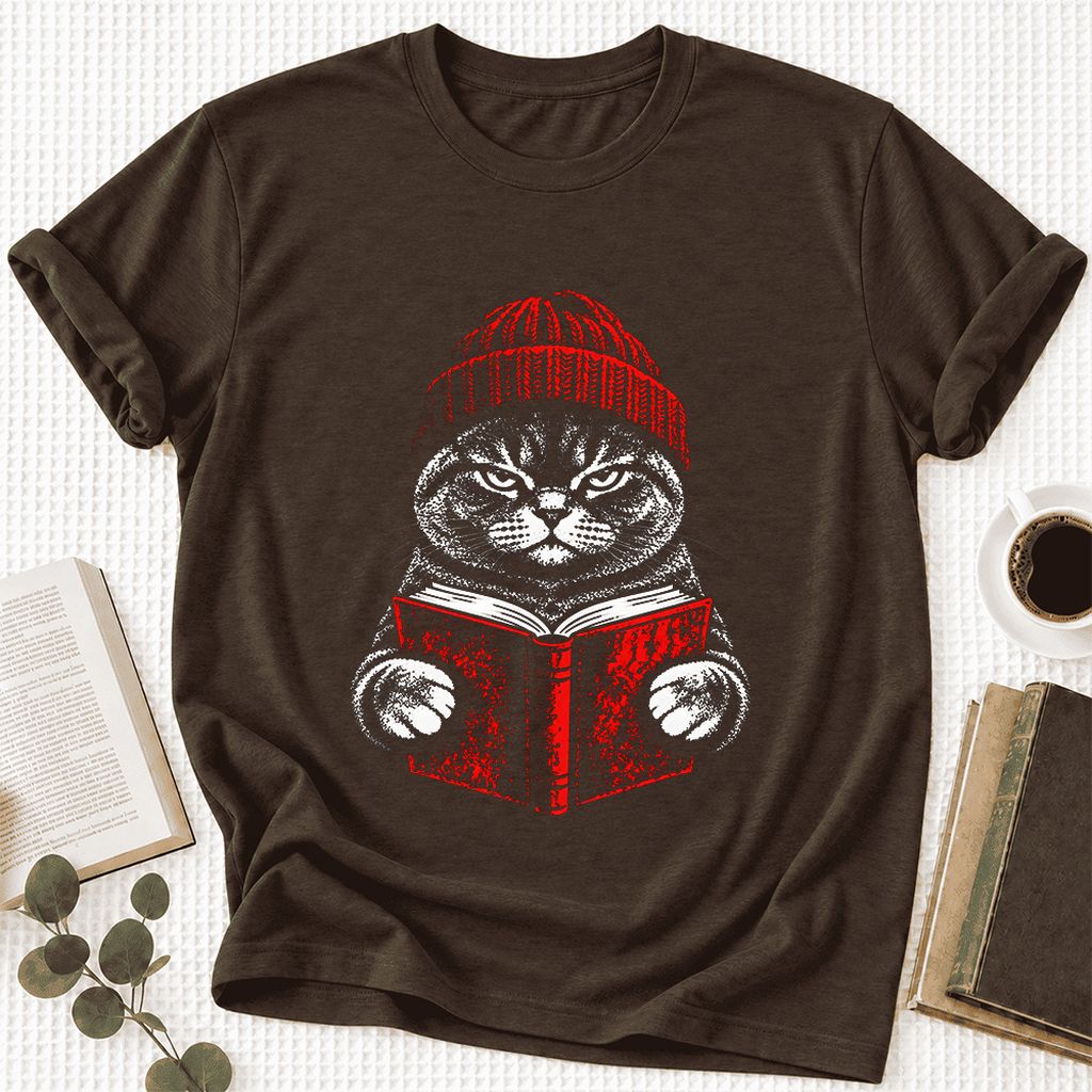 Serious British Shorthair Cat Reading Ultra-Soft Cotton T-Shirt | Reader Gift Brown