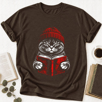 Serious British Shorthair Cat Reading Ultra-Soft Cotton T-Shirt | Reader Gift Brown