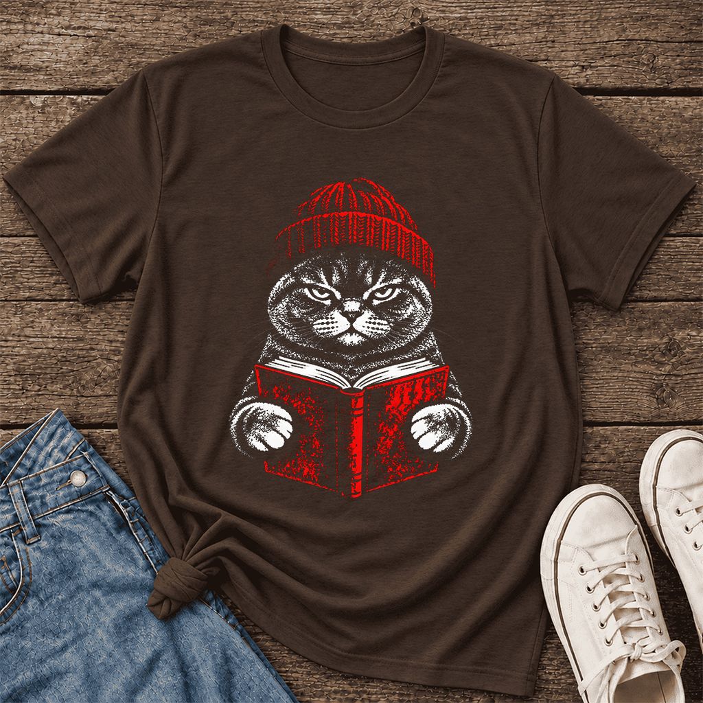 Serious British Shorthair Cat Reading Ultra-Soft Cotton T-Shirt | Reader Gift Brown