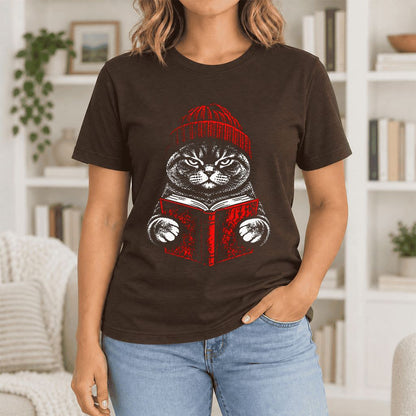 Serious British Shorthair Cat Reading Ultra-Soft Cotton T-Shirt | Reader Gift Brown
