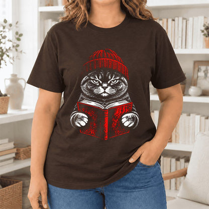 Serious British Shorthair Cat Reading Ultra-Soft Cotton T-Shirt | Reader Gift Brown
