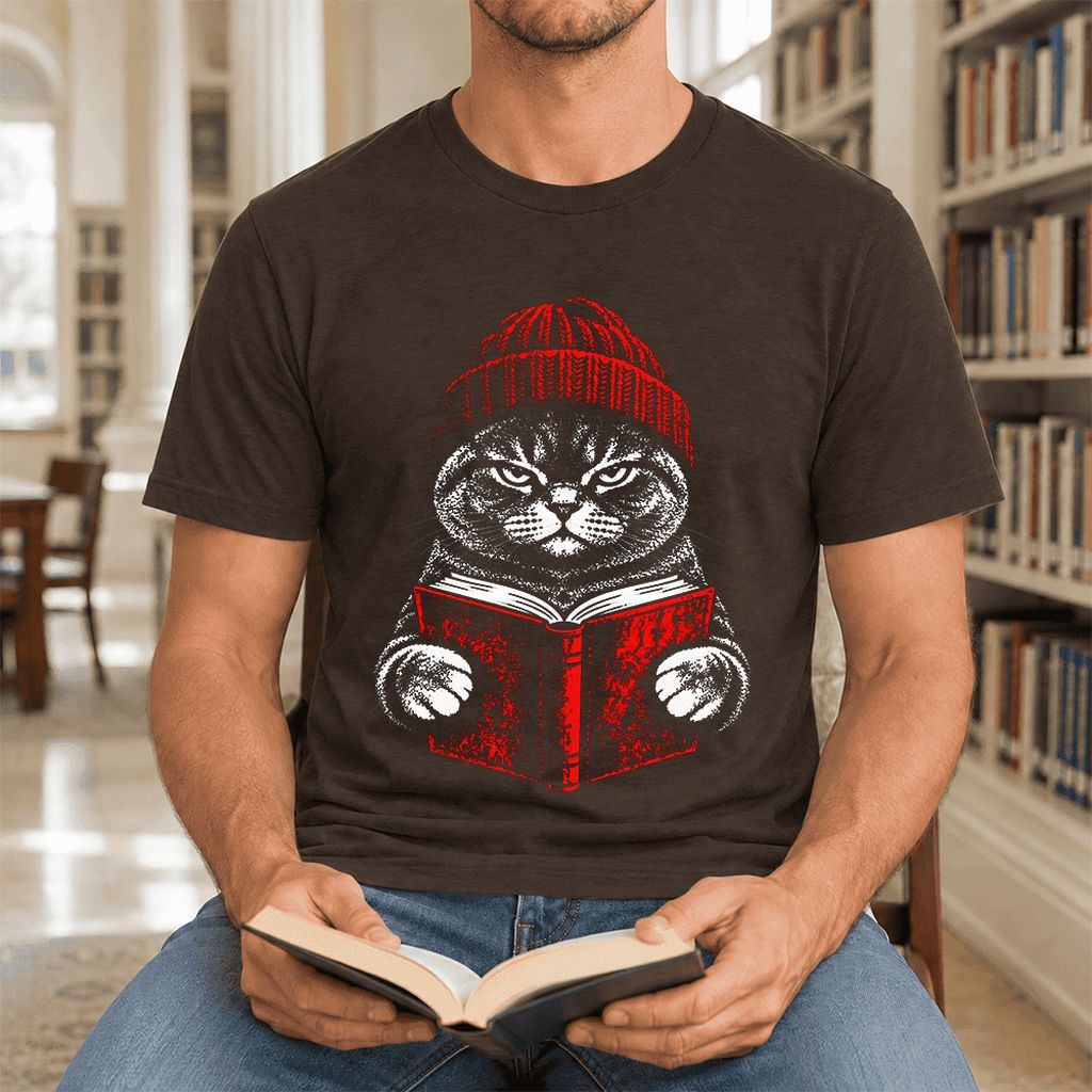 Serious British Shorthair Cat Reading Ultra-Soft Cotton T-Shirt | Reader Gift Brown