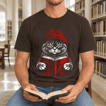 Serious British Shorthair Cat Reading Ultra-Soft Cotton T-Shirt | Reader Gift Brown