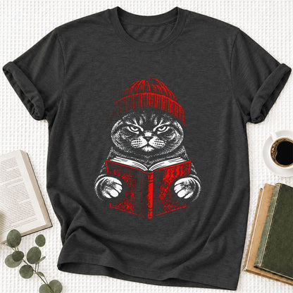 Serious British Shorthair Cat Reading Ultra-Soft Cotton T-Shirt | Reader Gift Dark Grey Heather