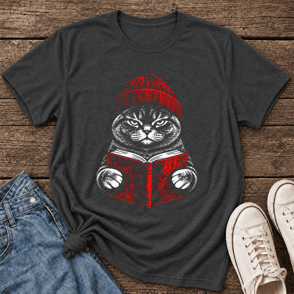 Serious British Shorthair Cat Reading Ultra-Soft Cotton T-Shirt | Reader Gift Dark Grey Heather