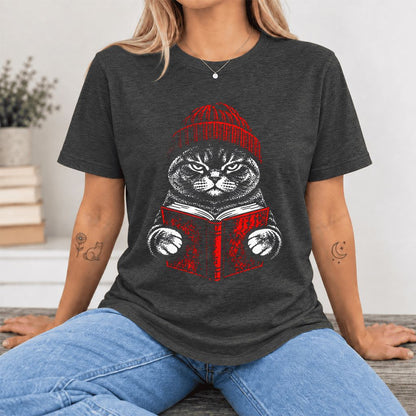 Serious British Shorthair Cat Reading Ultra-Soft Cotton T-Shirt | Reader Gift Dark Grey Heather
