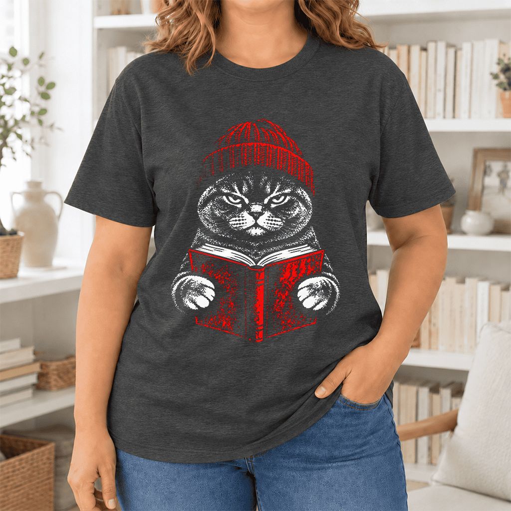 Serious British Shorthair Cat Reading Ultra-Soft Cotton T-Shirt | Reader Gift Dark Grey Heather