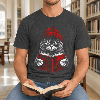 Serious British Shorthair Cat Reading Ultra-Soft Cotton T-Shirt | Reader Gift Dark Grey Heather