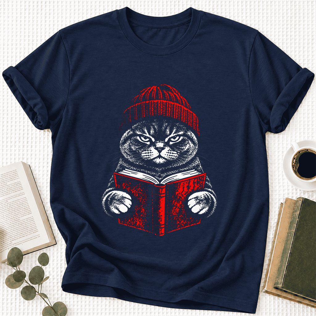 Serious British Shorthair Cat Reading Ultra-Soft Cotton T-Shirt | Reader Gift Navy